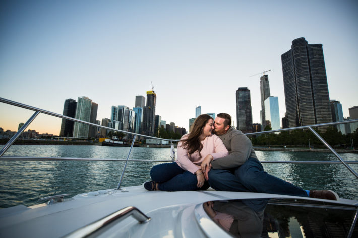 Chicago on the Lake Engagement couple enjoying starboard romance