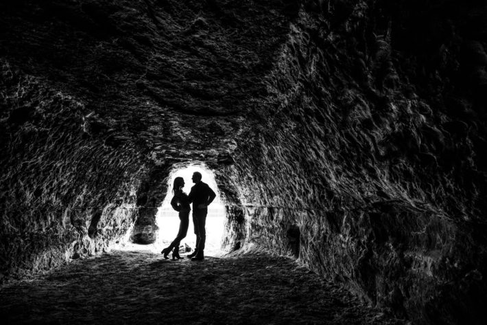 Stillwater Engagement Session black and white couple in cave mouth