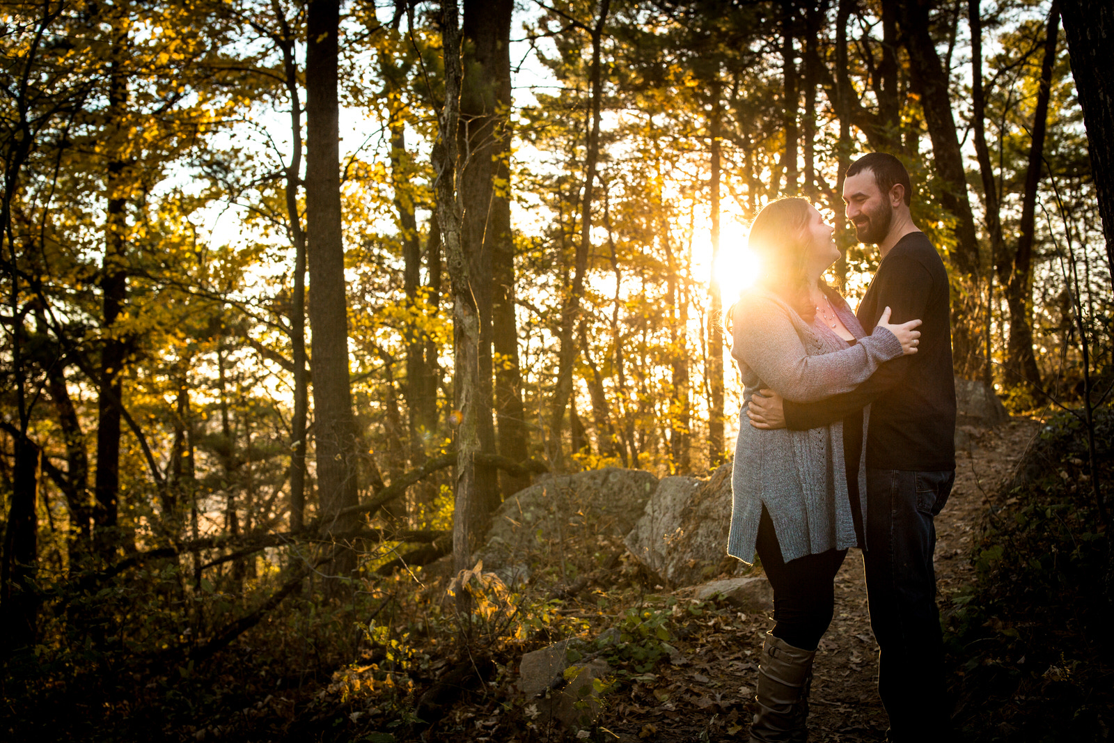 Lodi Engagement Session couple in a sunburst of trees