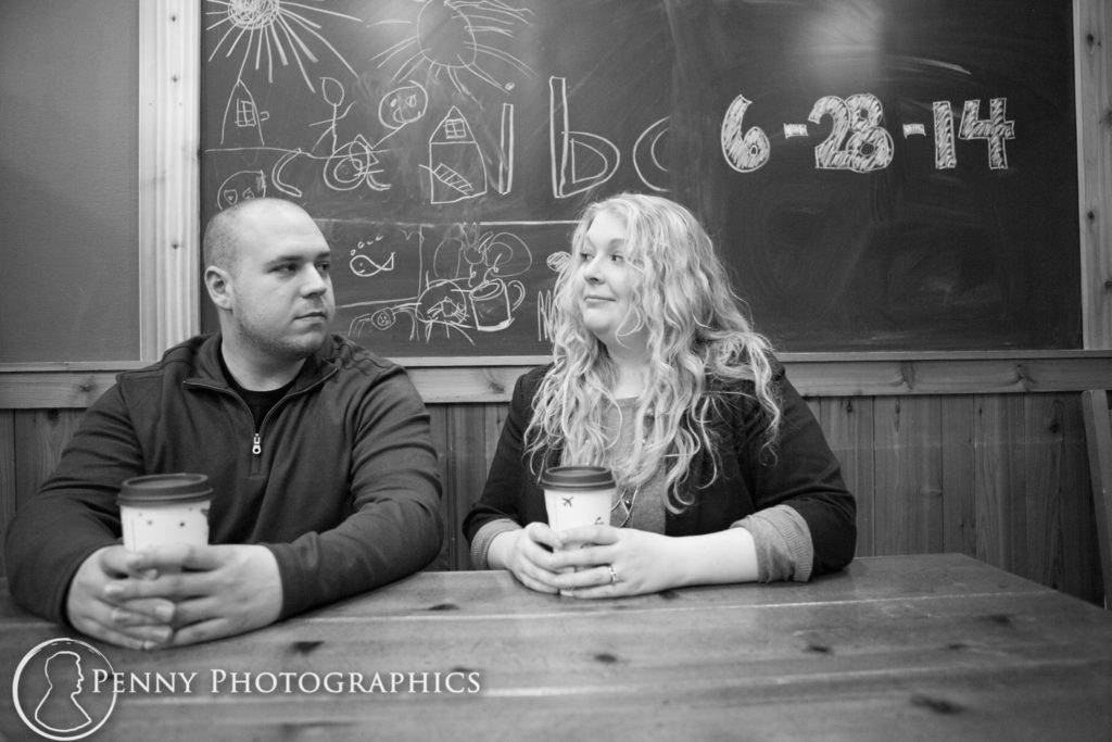 Frozen Falls Engagement coffee shop portrait with save the date