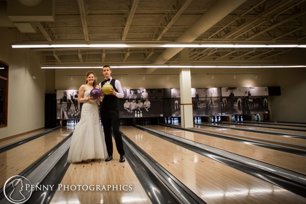 Bride and groom on the bowling lanes in Minneapolis