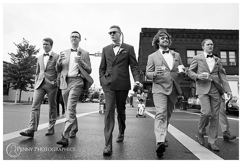 Rainy Wedding groomsmen walking
