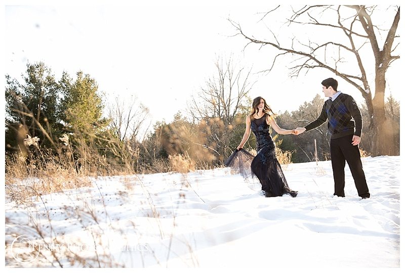 Winter Adventure Engagement couple in snow field