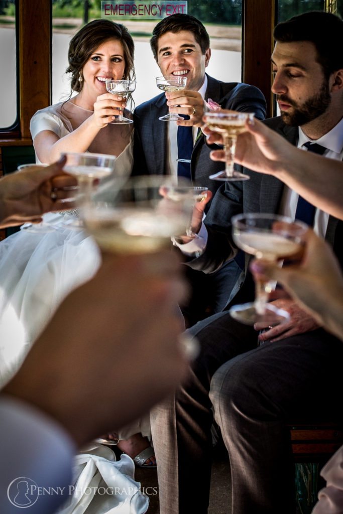 Then it was time for champagne in the trolley and a trip to the Clubhouse to start the party portion of their Mendakota Country Club wedding!