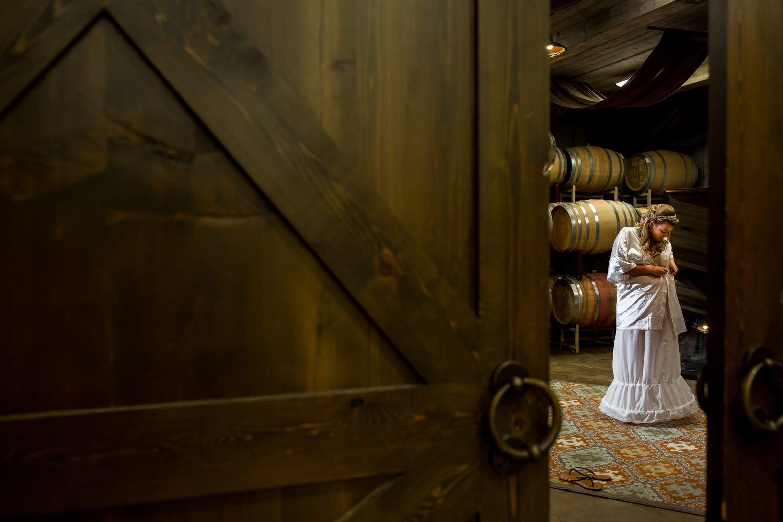 Chankaska Creek Winery wine cellar bridal portrait
