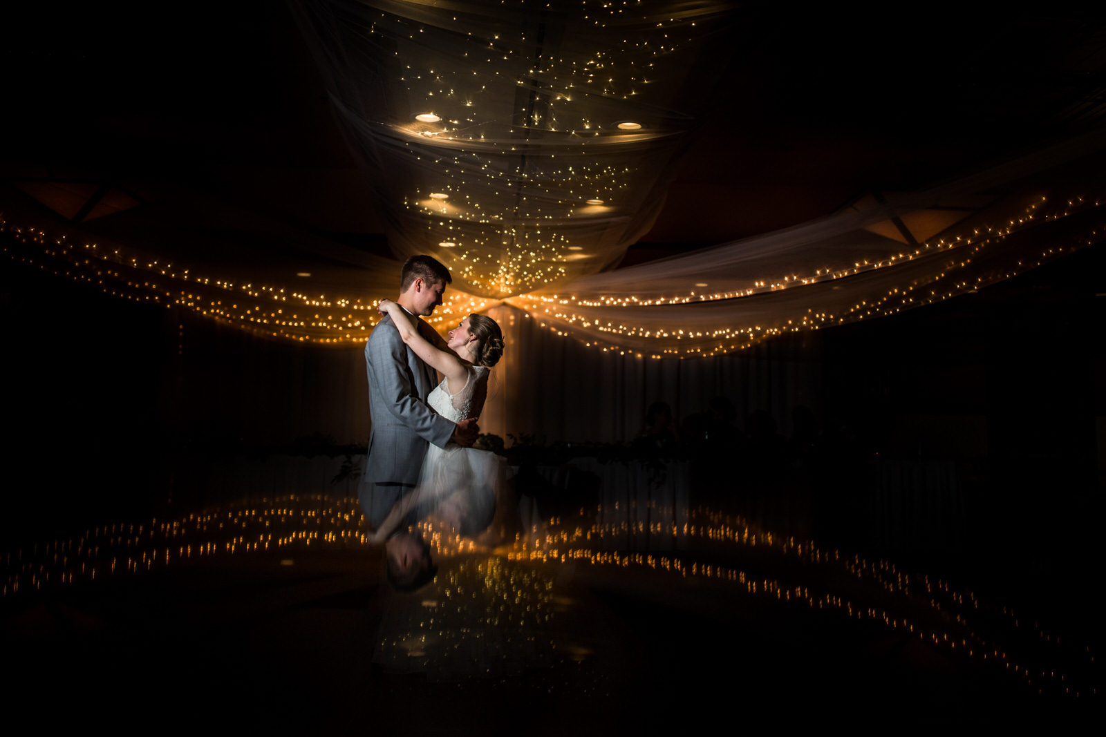 Lake Elmo Inn Event Center Wedding couple under the lights