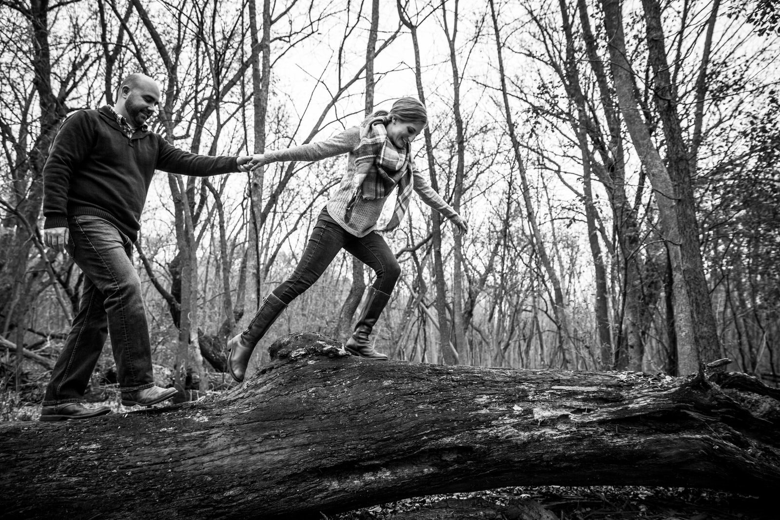 Wildwood Park Engagement Session couple adventures across a log
