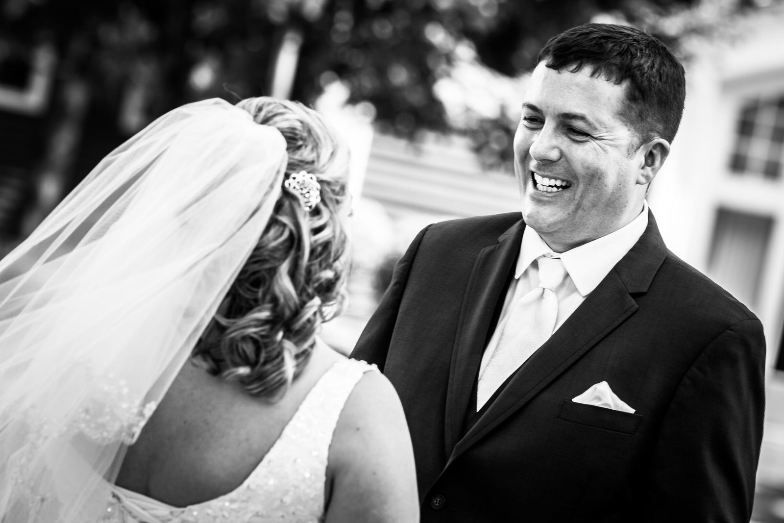 Earle Brown Wedding couple smiling during first look