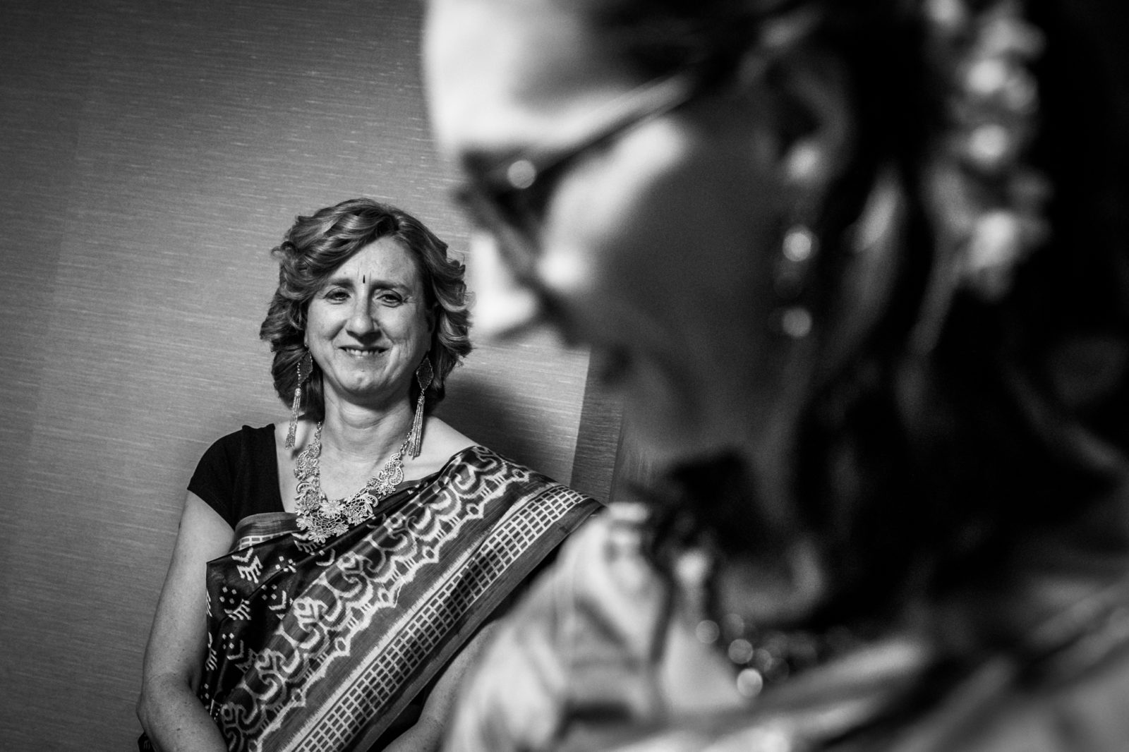Mom looking at bride at Sri Venkateswara Temple Wedding
