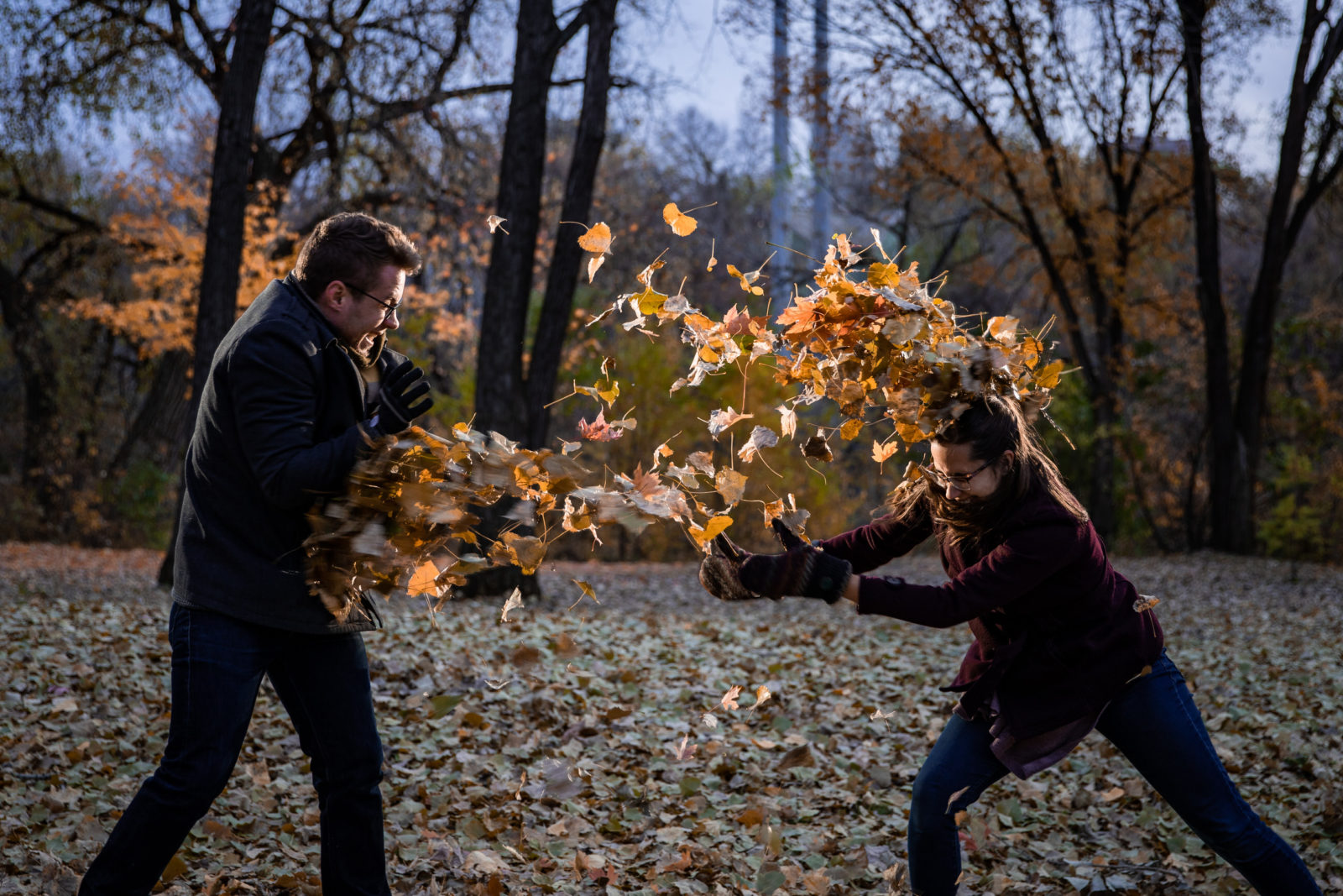 leaf fight St. Anthony Main Engagement Session