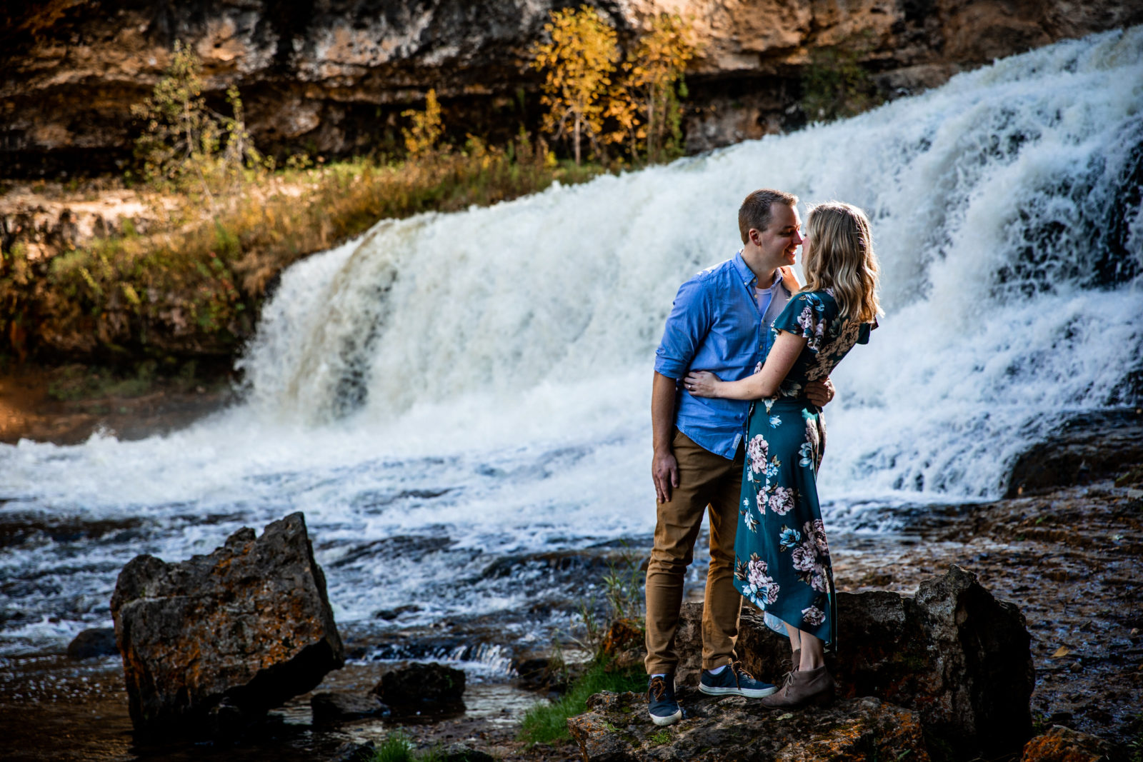 Waterfall and couple fall engagement
