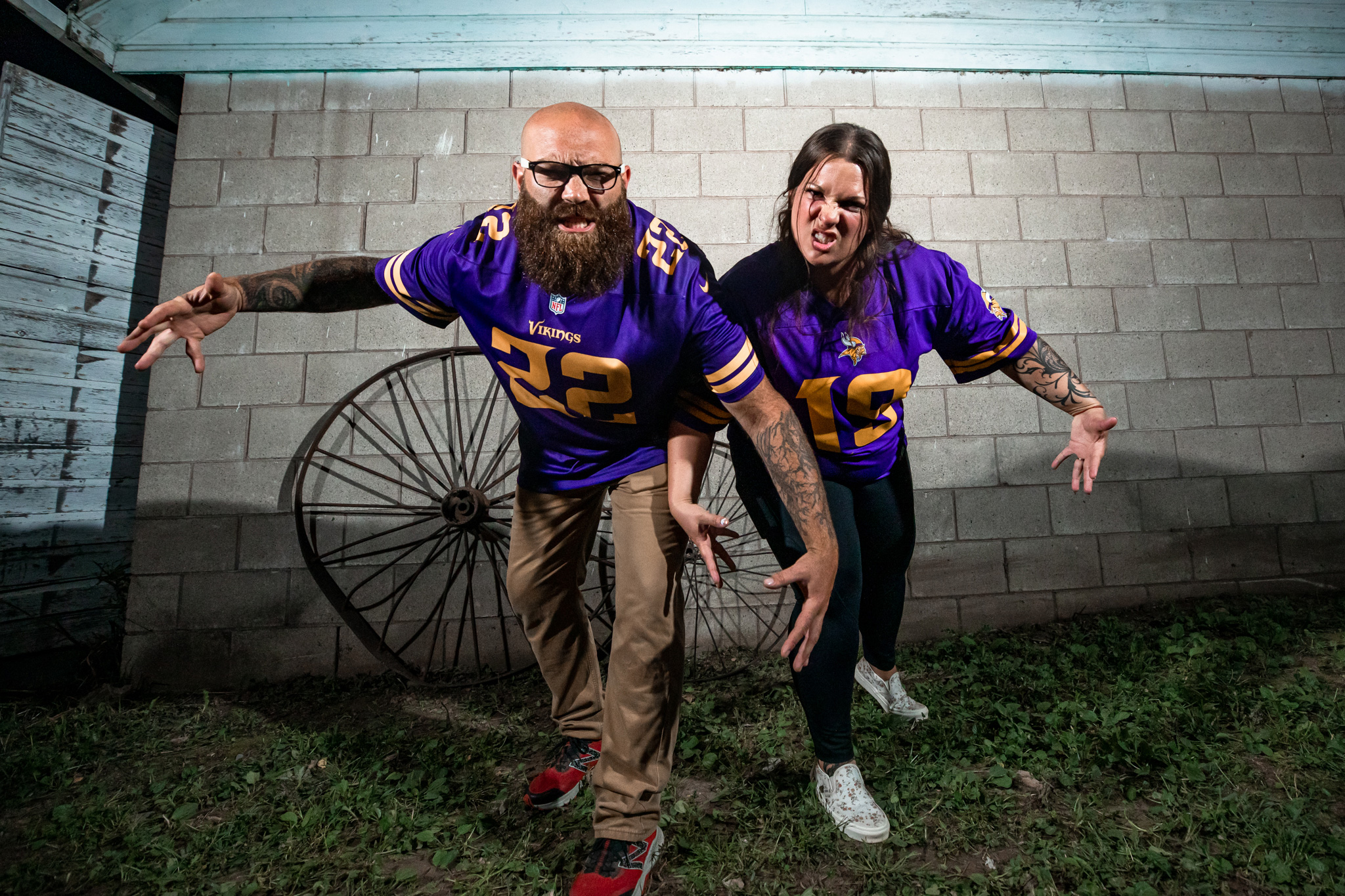 Wedding couple in Minnesota Vikings jerseys 