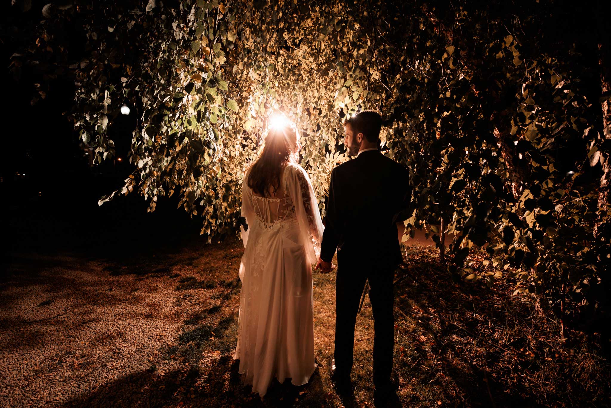 A nighttime photo of bride and groom in trees that are lit up by flash.